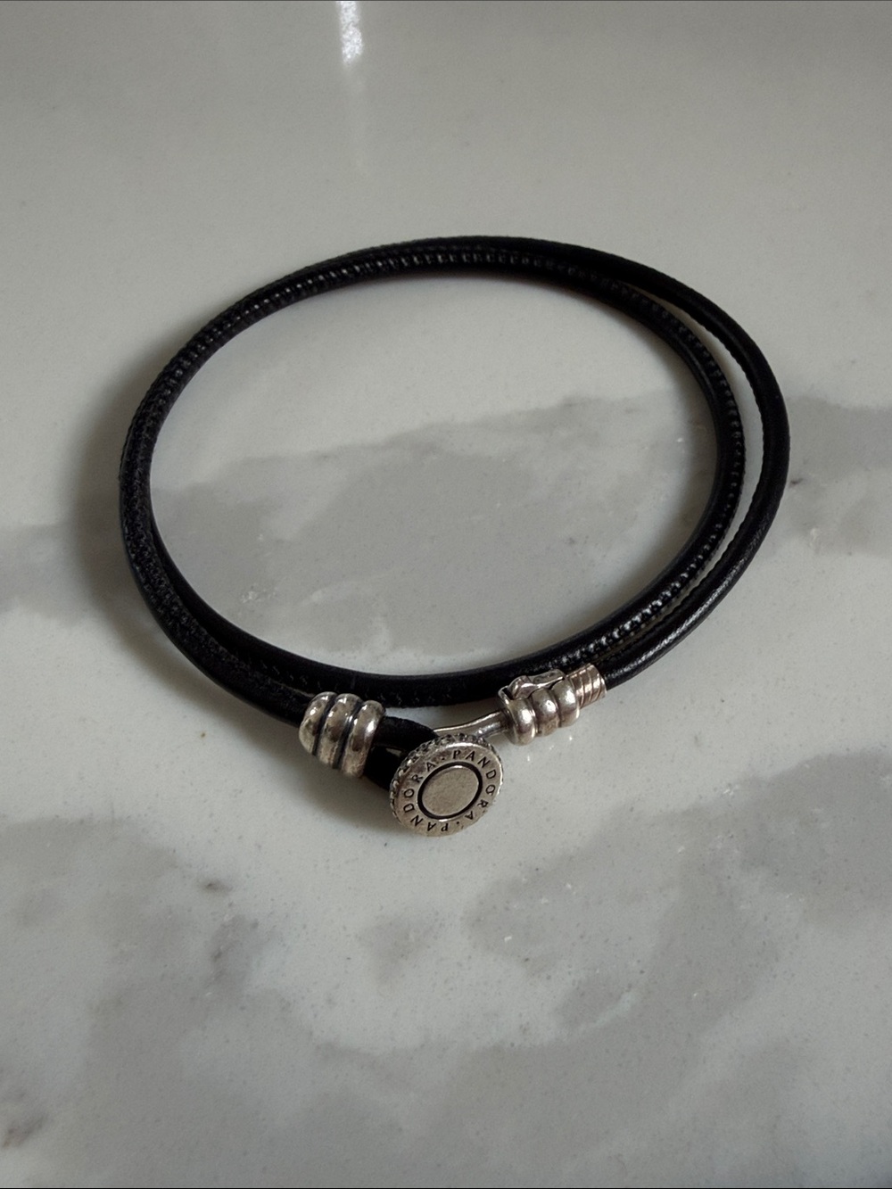 Pandora Black Leather Double Wrap Bracelet with Silver Accents and Logo Clasp